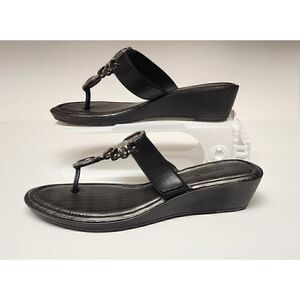 Montego Bay Club T Strap Black Heel Wedge Sandals Shoes Size US 7
